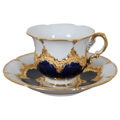 Rare Vintage Meissen Mocha B-Form Porcelain Teacup & Saucer Cobalt Blue & Gold