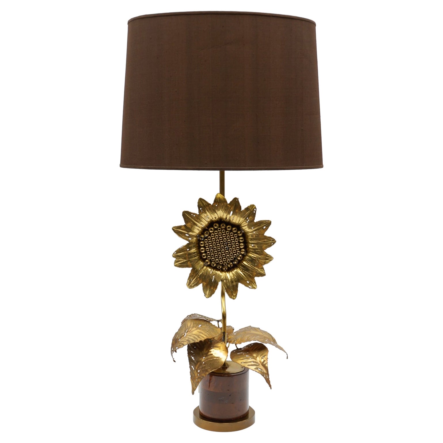 Moderne Sonnenblumen-Tischlampe aus Messing und Holz aus der Mitte des Jahrhunderts, 1960er Jahre   im Angebot