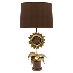 Lampada da tavolo a girasole moderna di metà secolo in ottone e Wood, anni '60