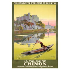 Antique Richard, Original Travel Poster, Chinon, Castle Chateau Loire, Fishing, Car 1926