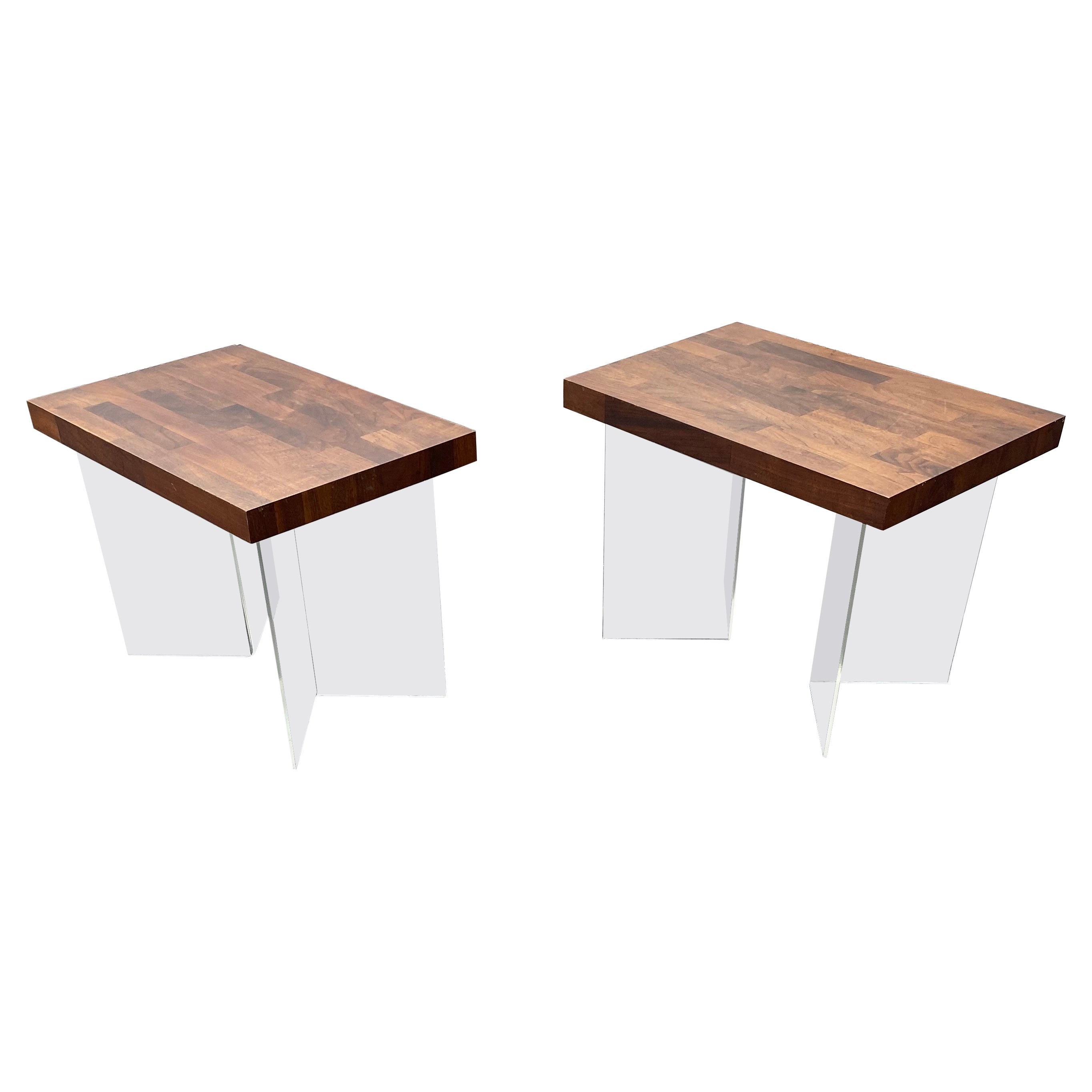 1970s Milo Baughman Floating Lucite and Wood Tables, Set of 2 For Sale