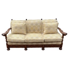 Vintage 1950s Rustic Hand Carved Wood Fringe Sofa 