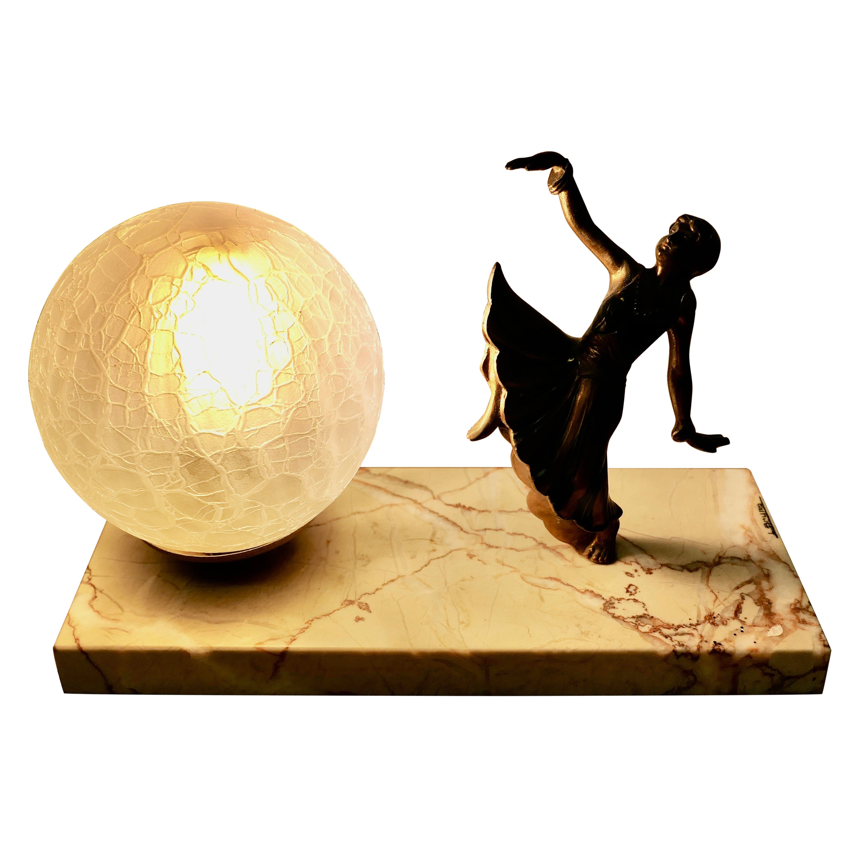 Lampe de table Art déco française, signée L.Bryrs  La lampe est posée sur une base en marbre 