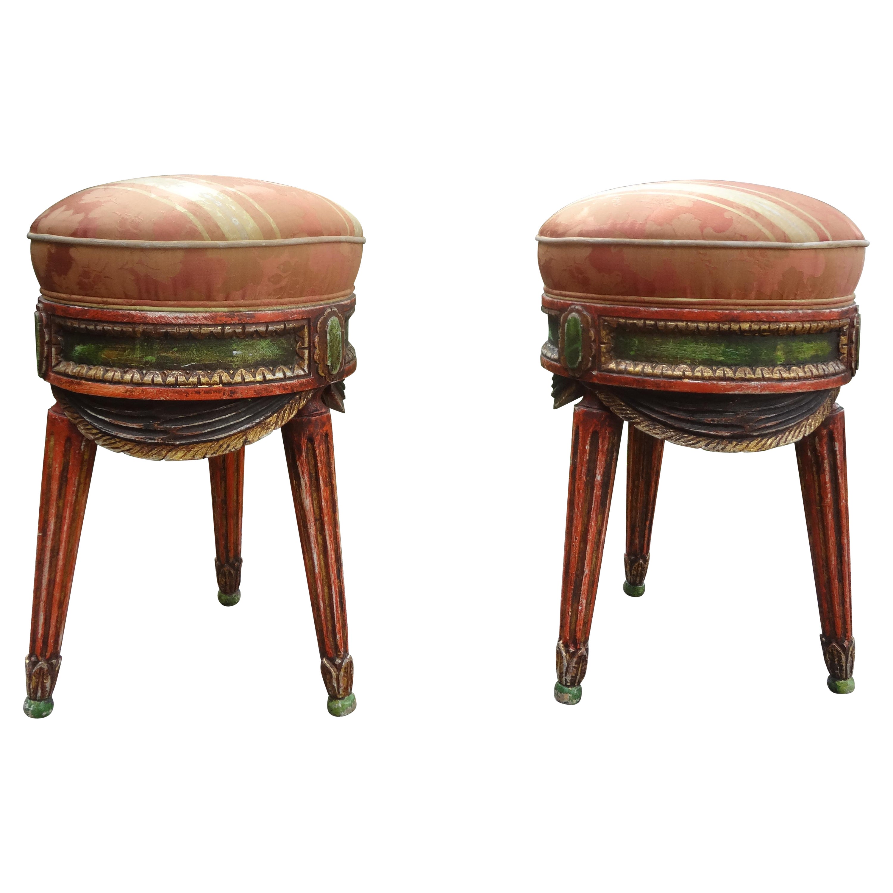 Pair Of Italian Painted Draped Poufs For Sale