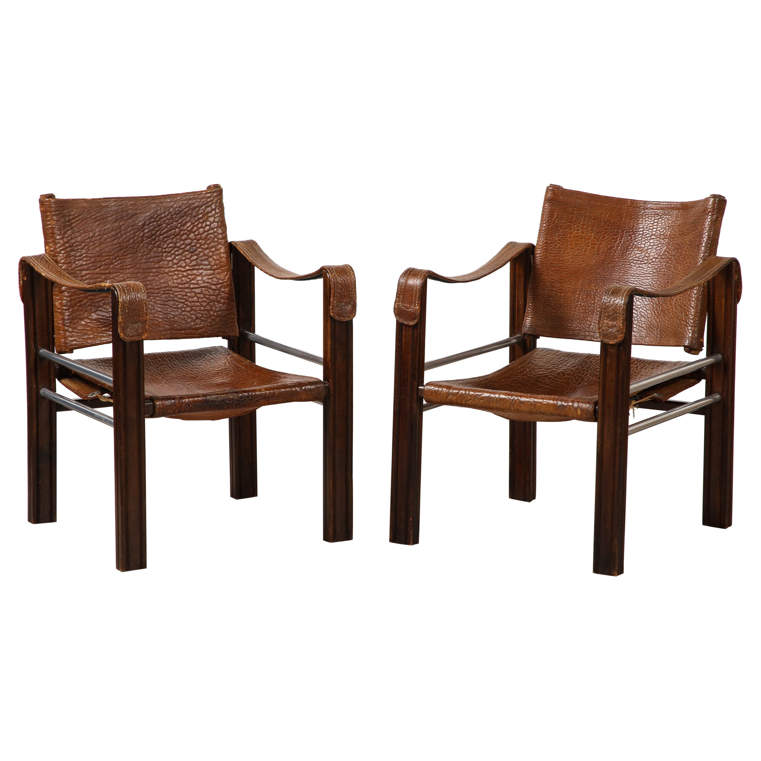 Pair of Spanish 1920's Pebbled Leather and Chrome Safari Armchairs 