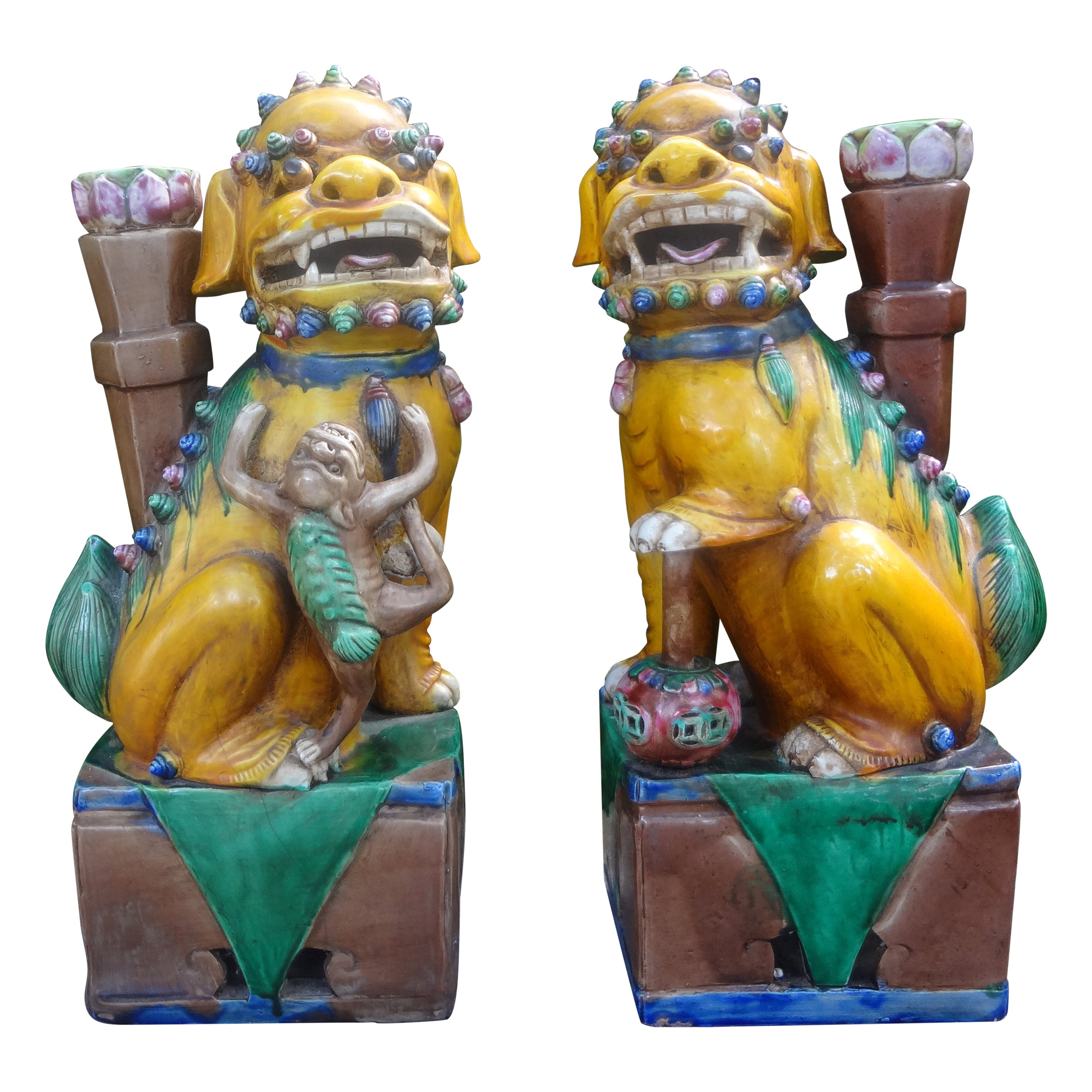 Pair of Chinese Glazed Terracotta Foo Dogs 