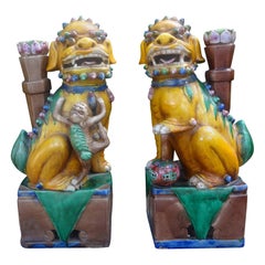Antique Pair of Chinese Glazed Terracotta Foo Dogs