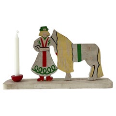 Vintage Swedish wood Christmas candle holder w. woman and horse 1960s