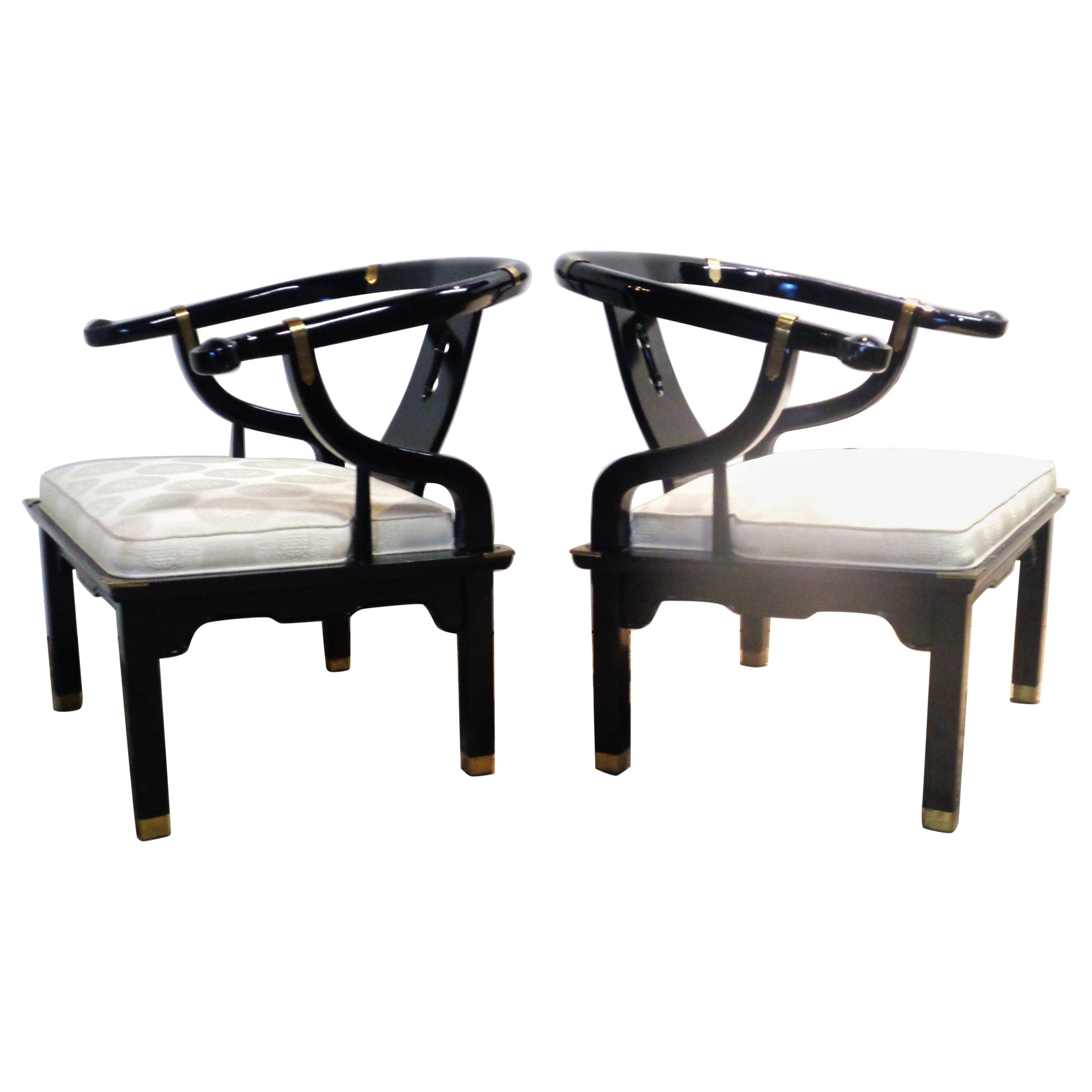  Black Lacquered and Brass Horseshoe Back Lounge Chairs Style of James Mont For Sale