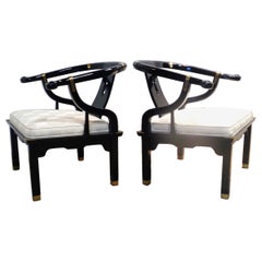 Used  Black Lacquered and Brass Horseshoe Back Lounge Chairs Style of James Mont