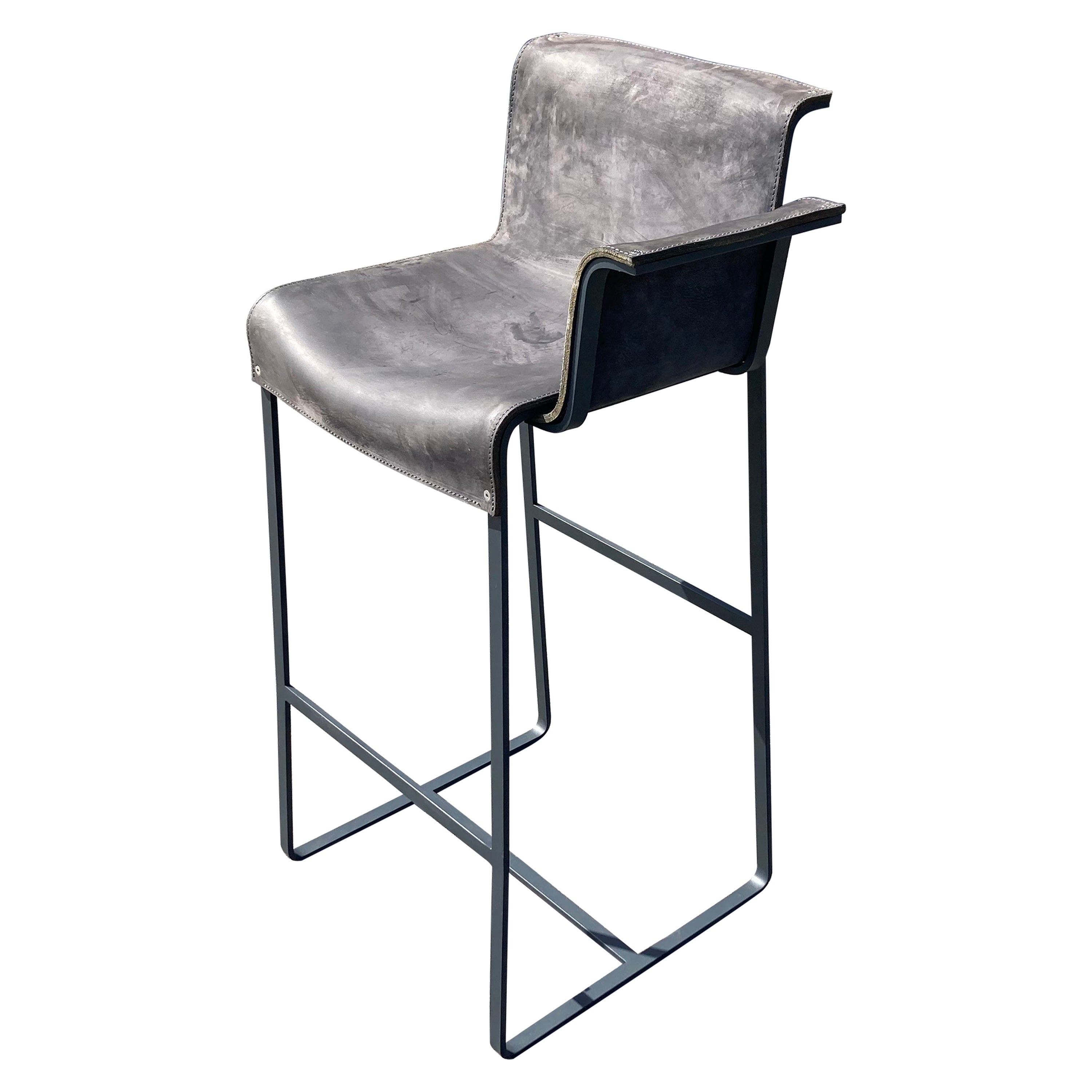 Founded Bar Stool, Design by Richard Schipper for Qliv, Saddle Leather, Steel For Sale