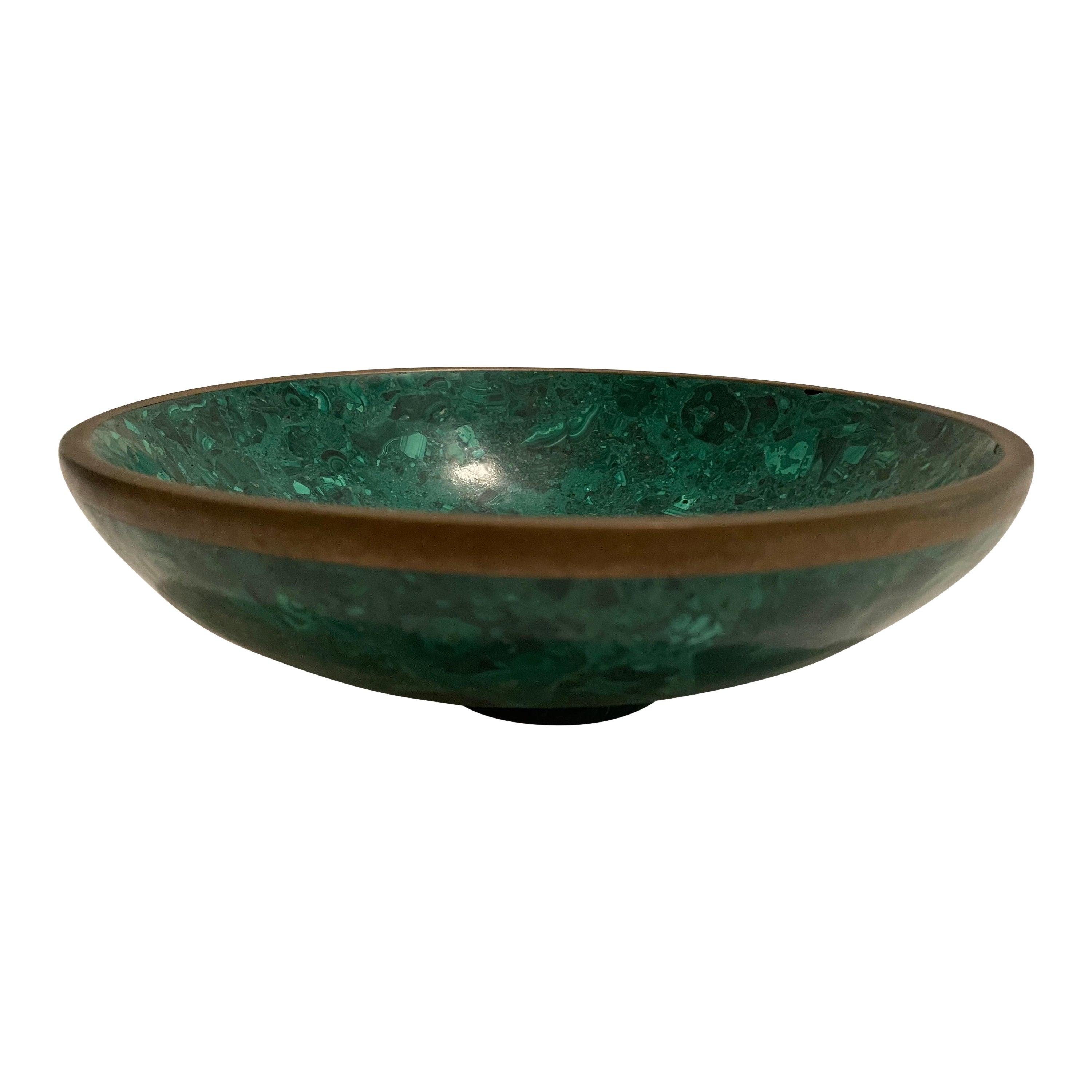 Malachite and brass rimmed bowl  For Sale