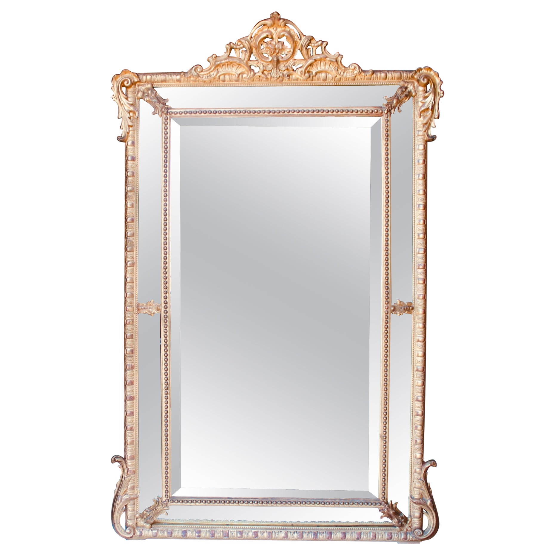 Large French Gilt Borderglass Pier Mirror with Rococo Crest, 19th Century For Sale