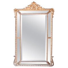 Large French Gilt Borderglass Pier Mirror with Rococo Crest, 19th Century