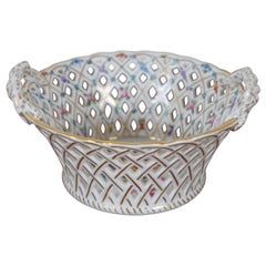 Vintage Dresden Porcelain Hand Painted Reticulated Basket Weave Handled Bowl 6"