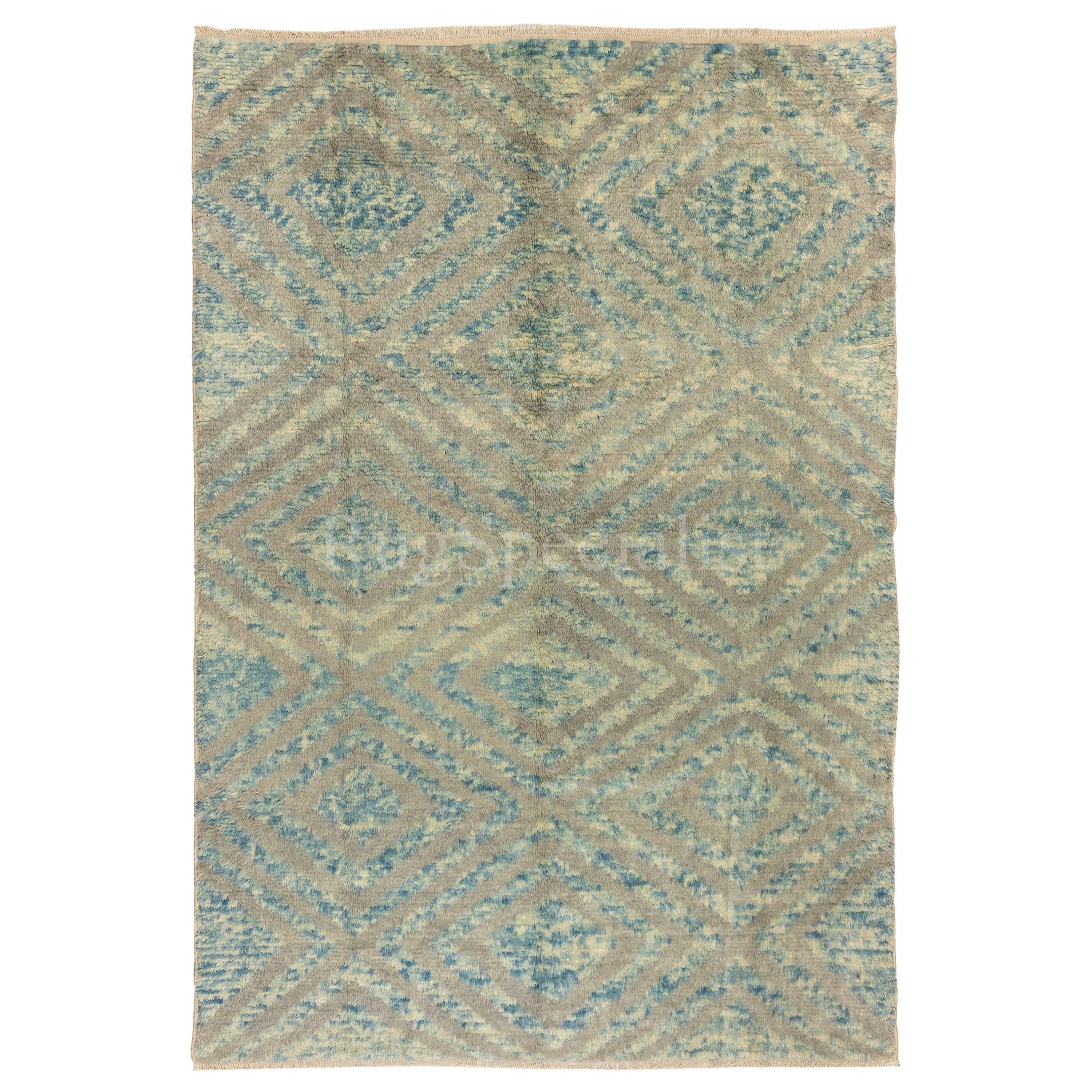 7.7x10.2 Ft Custom Hand Knotted "Tulu" Rug in Blue, Gray & Beige, 100% Wool For Sale