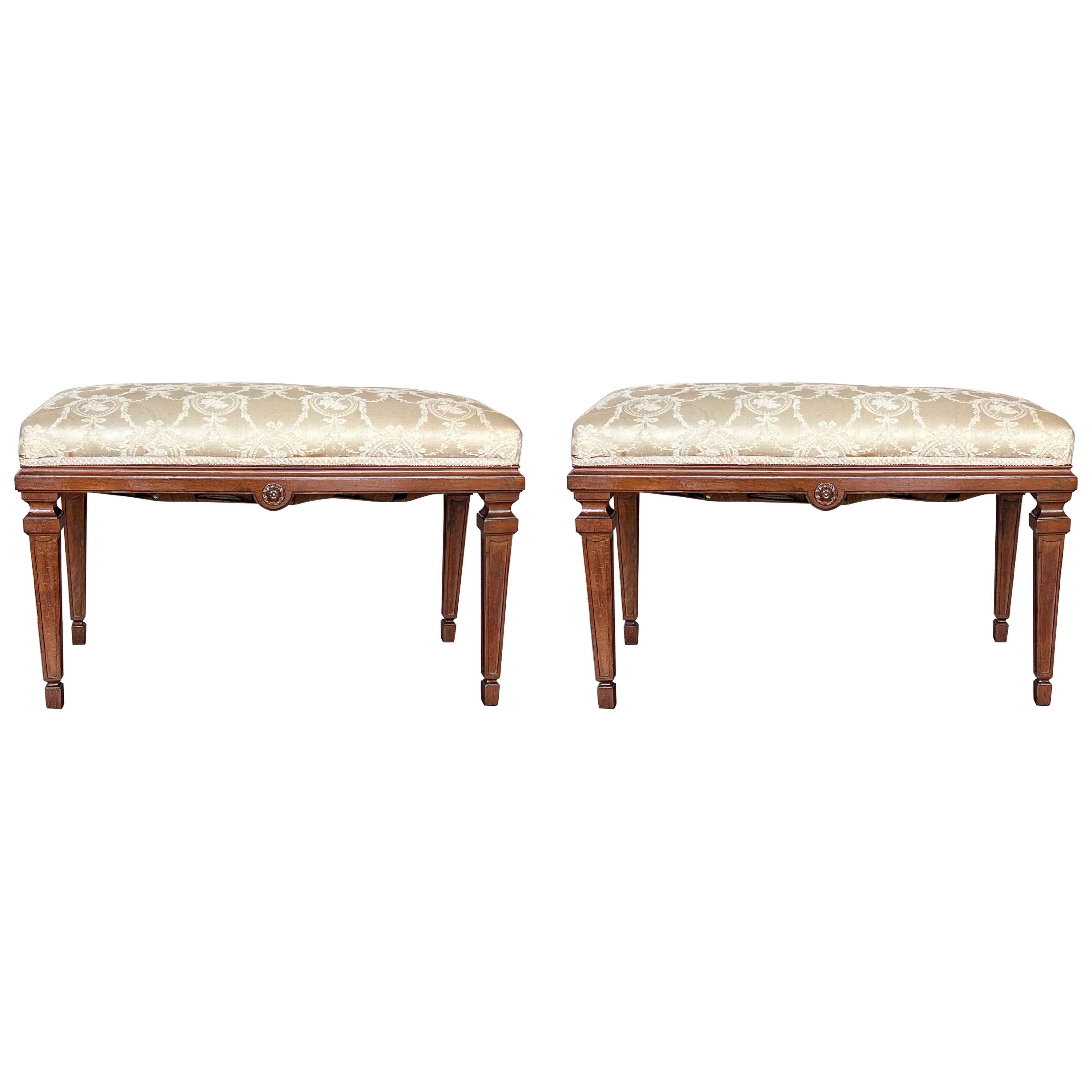 Neoclassical Style French Walnut Benches with Carved Legs, a Pair