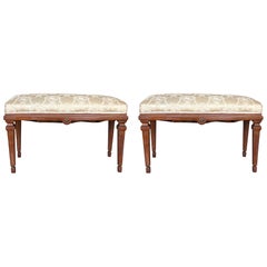 Neoclassical Style French Walnut Benches with Carved Legs, a Pair