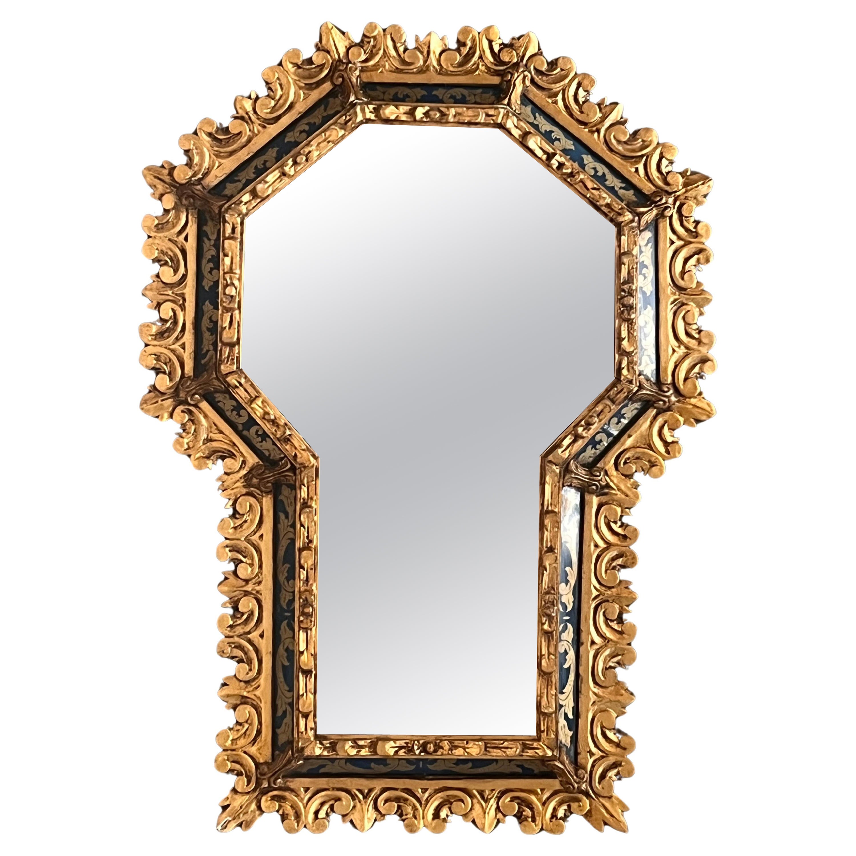 Spanish Hollywood Regency Gilt Mirror with Keyhole Form and Etched Blue Glass For Sale