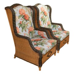 1970s Pair of Wicker Wingback Armchairs Newly Upholstered