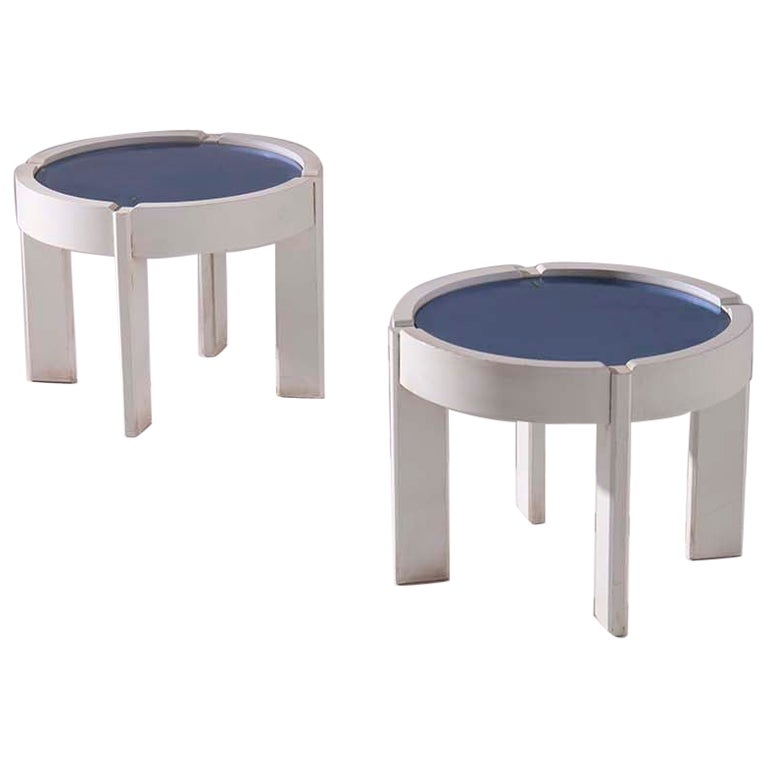 Italian Coffee Tables in Wood and Blue Glass For Sale