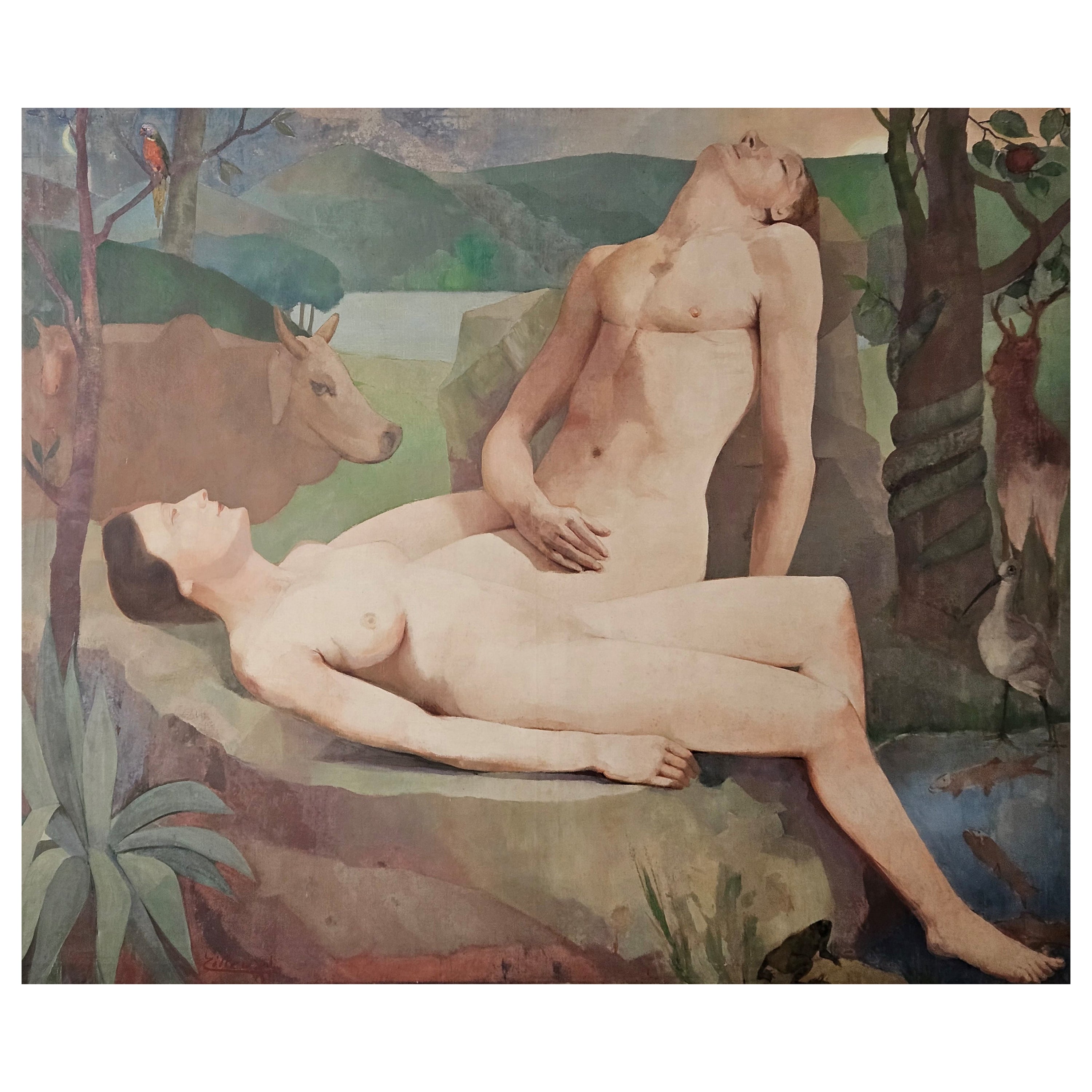 Painting Adam and Eve in paradise on earth by J. Tilleux