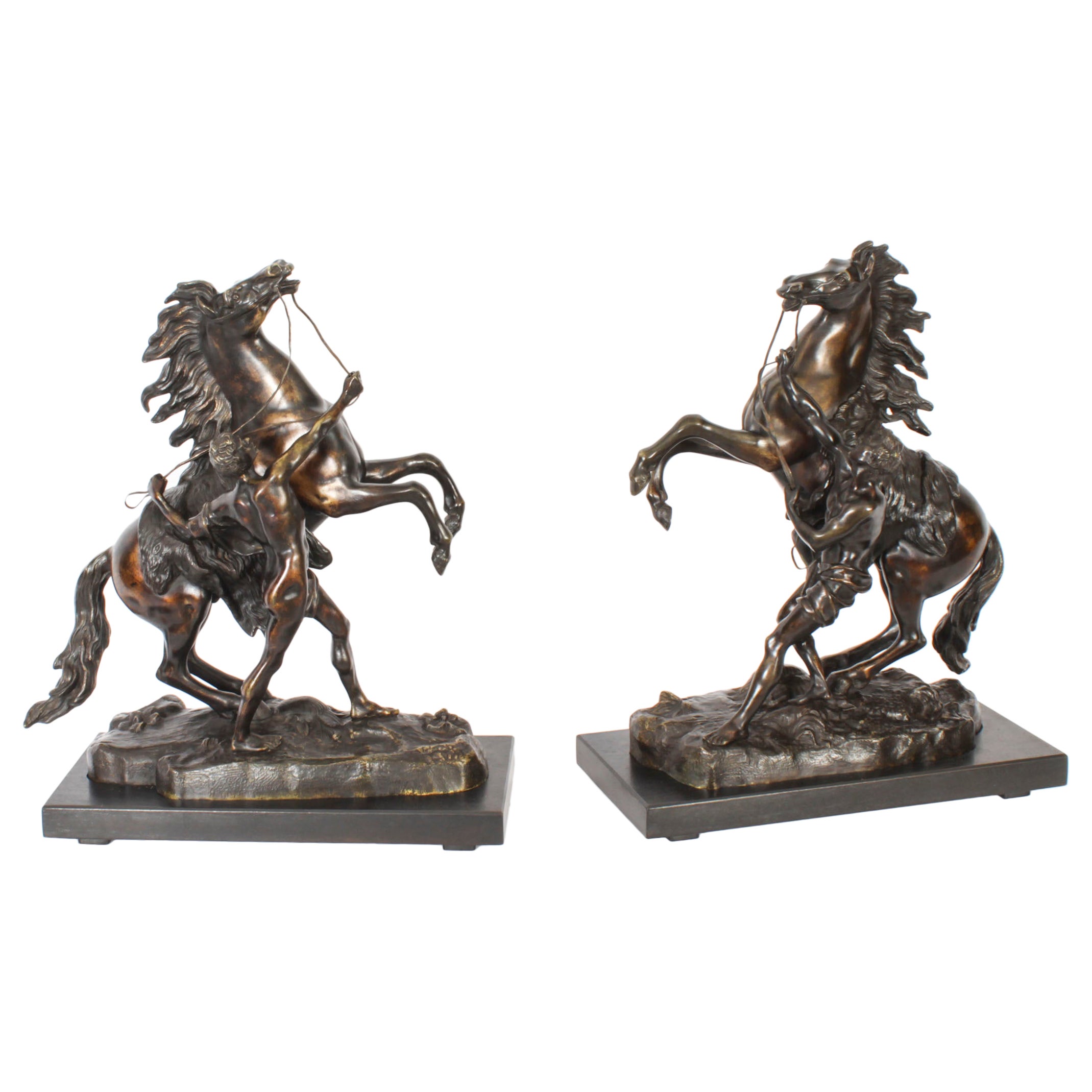 Antikes Paar französischer Bronzeskulpturen von Marly-Pferden aus dem 19. Jahrhundert von Cousteau