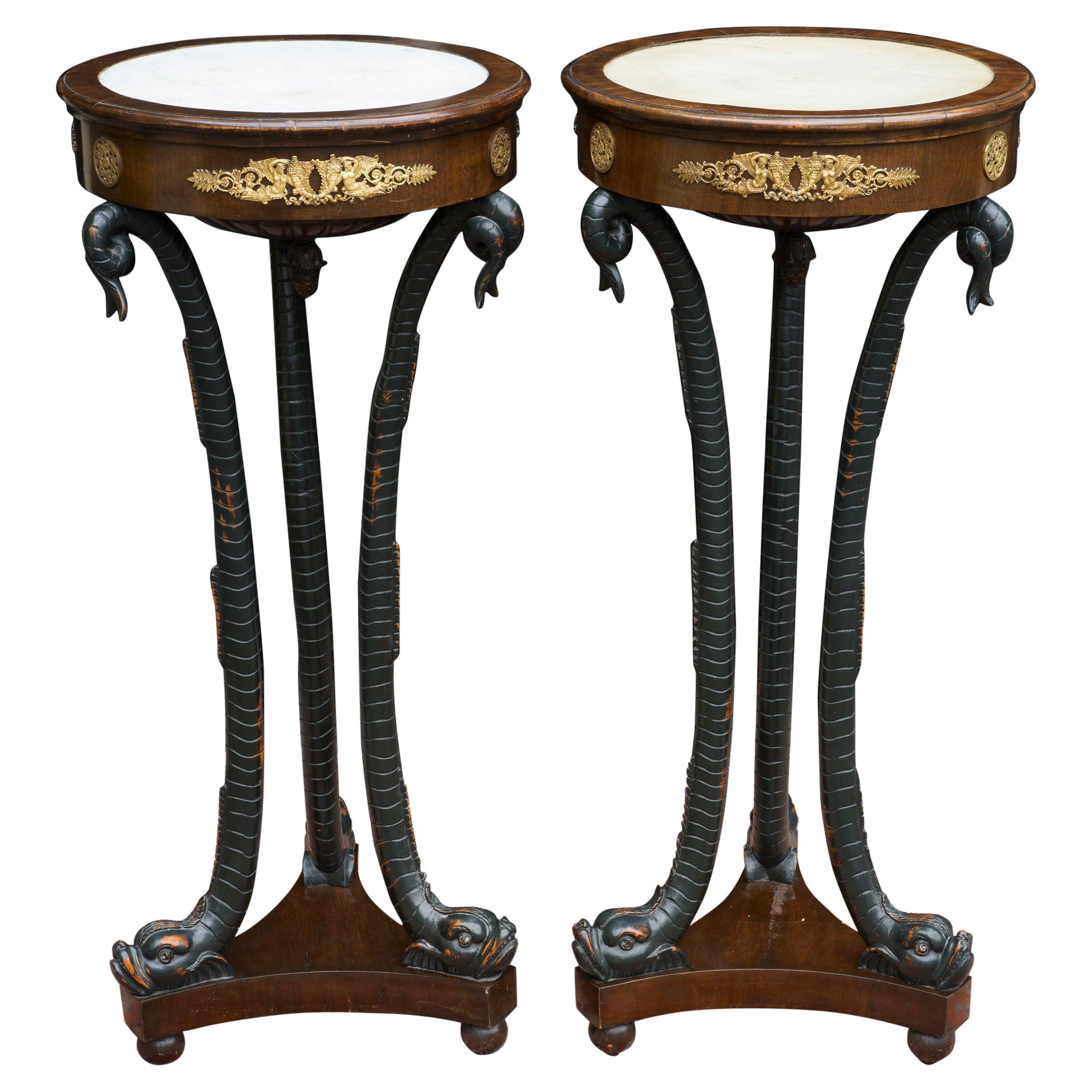 Rare Pair of French Dolphin Torchères or Gueridon Tables For Sale