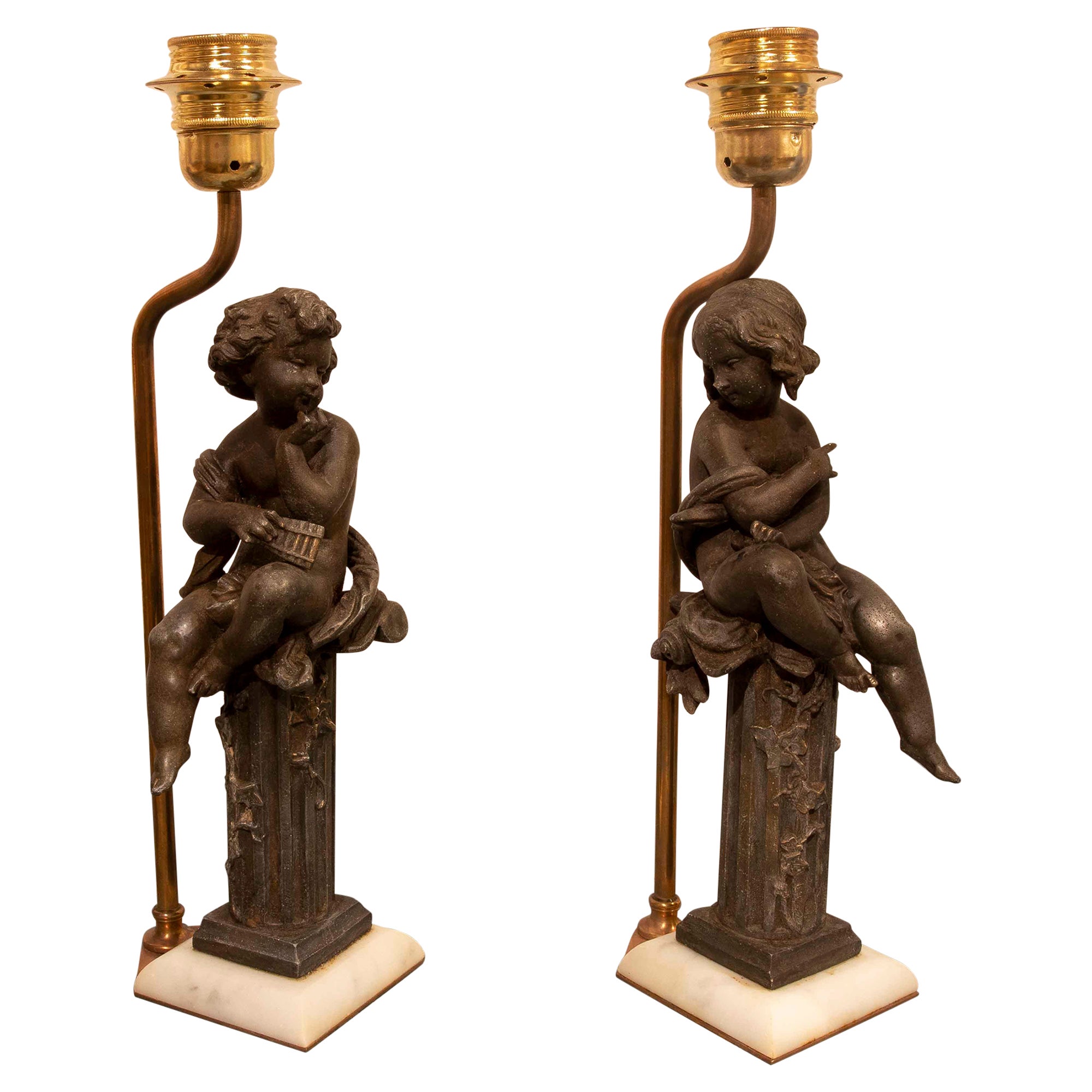 Pair of Table Lamps with Children in Calamine with Marble and Brass Base For Sale