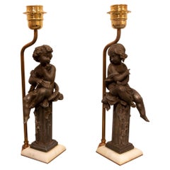 Pair of Table Lamps with Children in Calamine with Marble and Brass Base