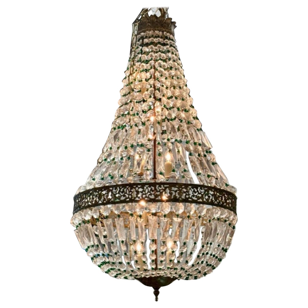 Vintage French Beaded Crystal Basket Chandelier with Green Beads