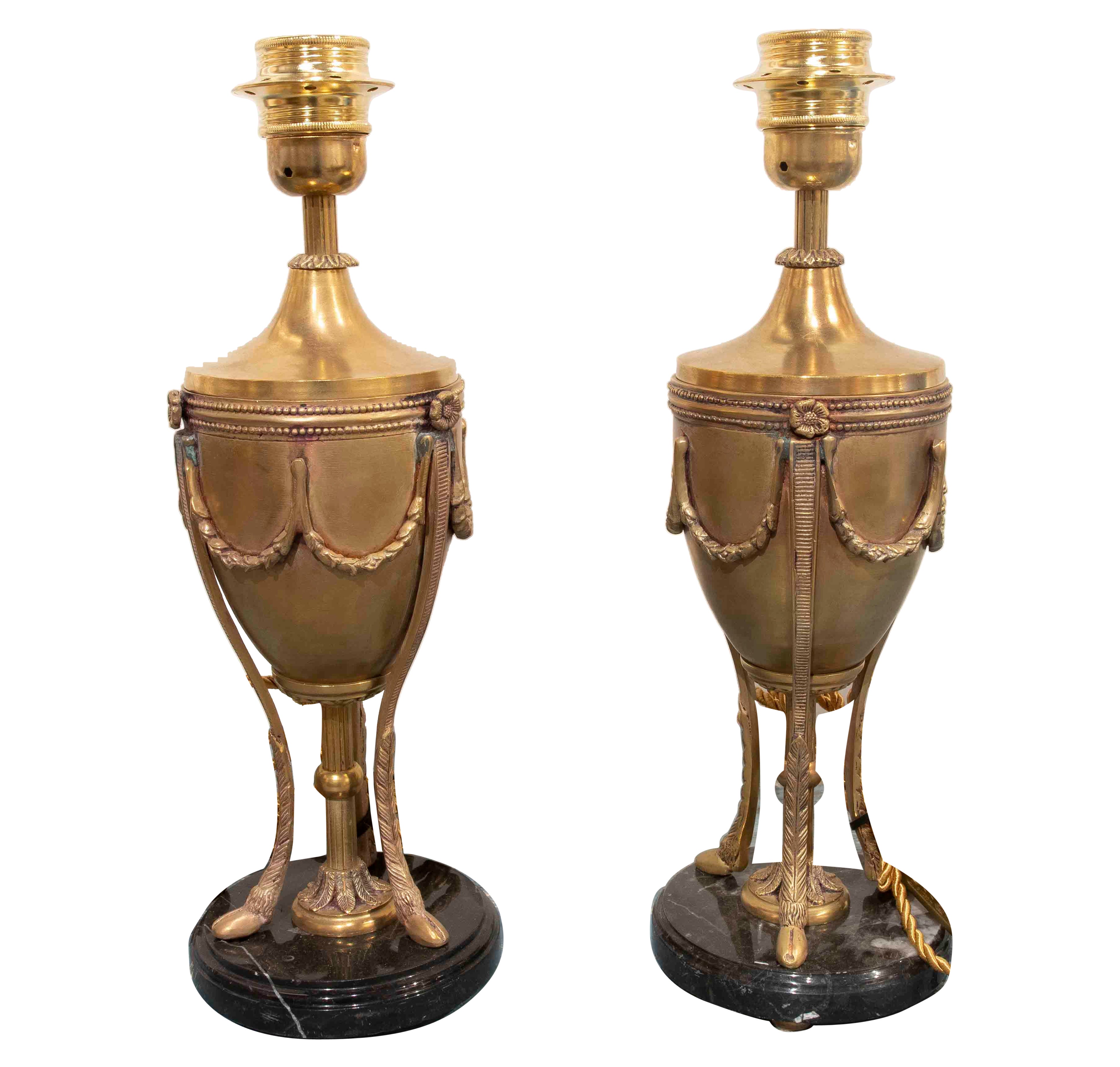 1950s French Pair of Brass Lamps with Marble Base For Sale
