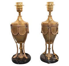 1950s French Pair of Brass Lamps with Marble Base