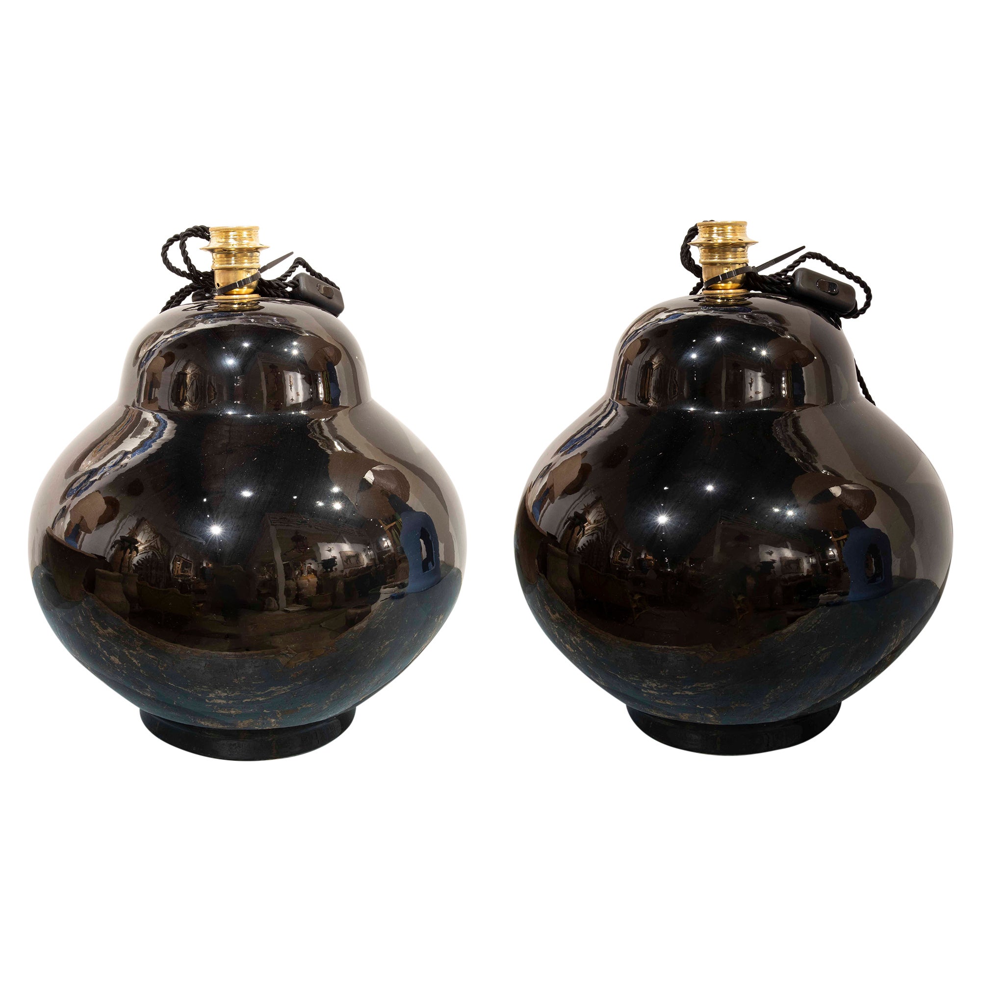 1980s Pair of Ceramic Lamps in Black Shade  For Sale