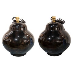 Retro 1980s Pair of Ceramic Lamps in Black Shade 