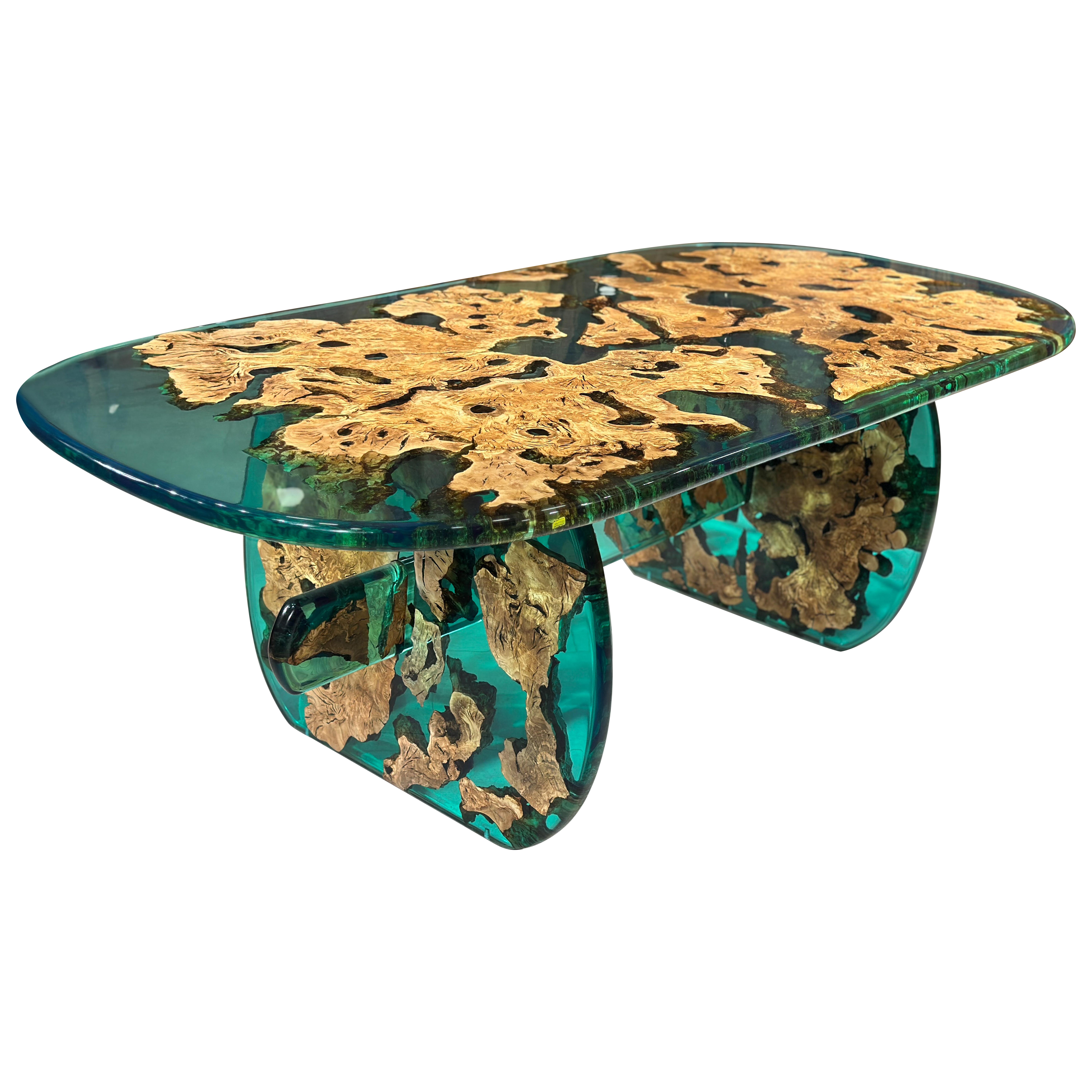 Antique Mediterranean Green Olive Epoxy Resin River Table For Sale