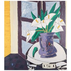 Vintage French artist, oil on board, modernist still life with flowers in a pitcher.