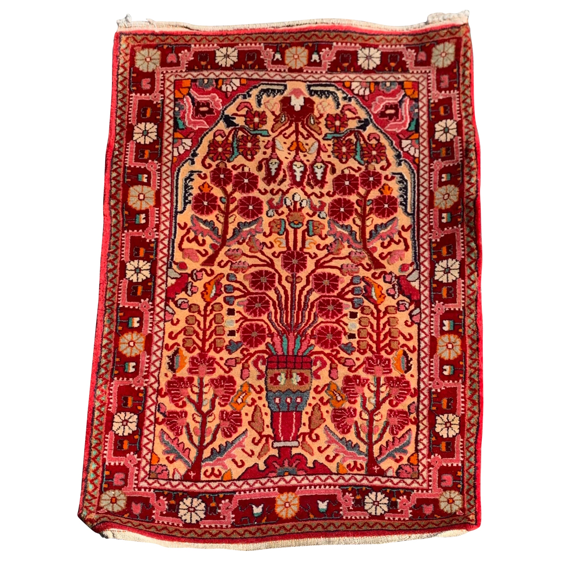 Antique Red Embroidered Sarouk Small Mini Persian Rug c. 1920s For Sale