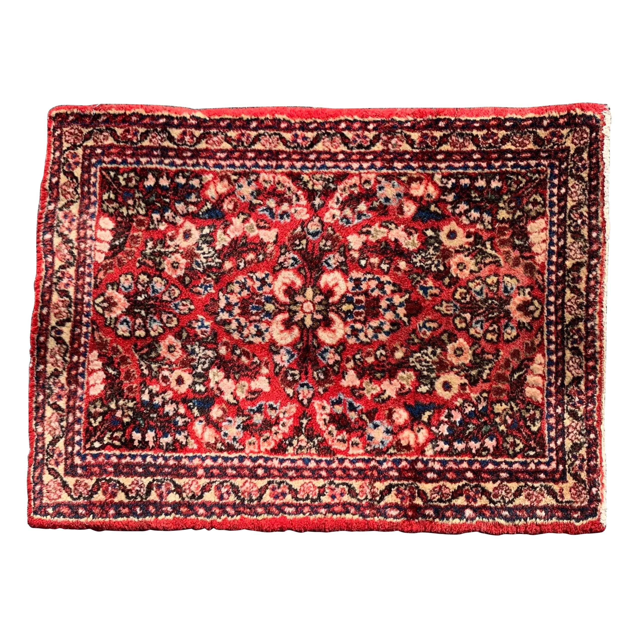 Antique Red Floral Sarouk Small Mini Persian Rug c. 1920s