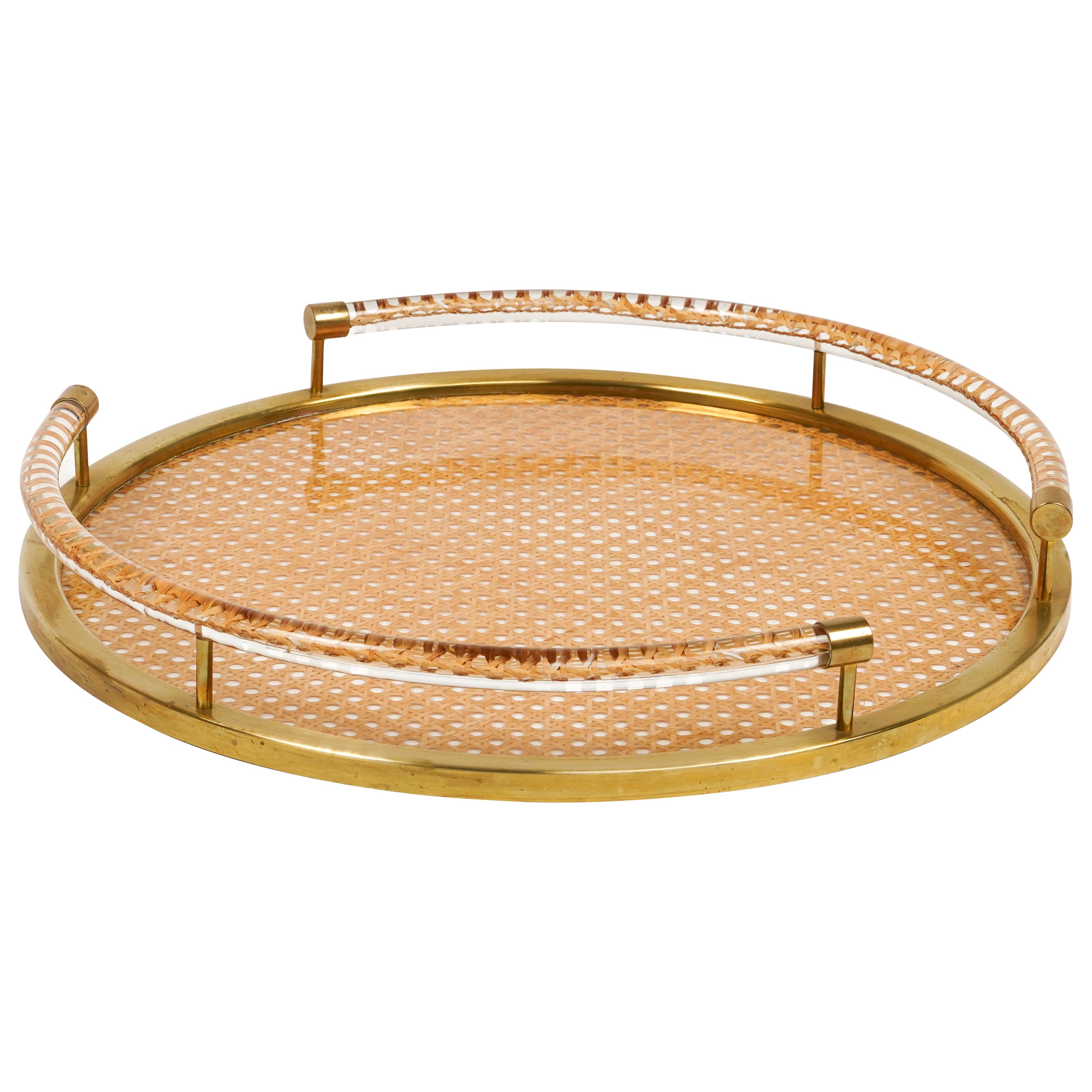 Round Serving Tray in Lucite, Rattan and Brass Christian Dior Style, Italy 1970s