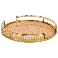 Retro Round Serving Tray in Lucite, Rattan and Brass Christian Dior Style, Italy 1970s