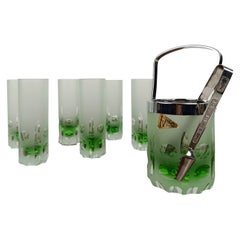 1970s Collins Tumbler Glass with Ice Bucket made in Italy in green Cut Crystal