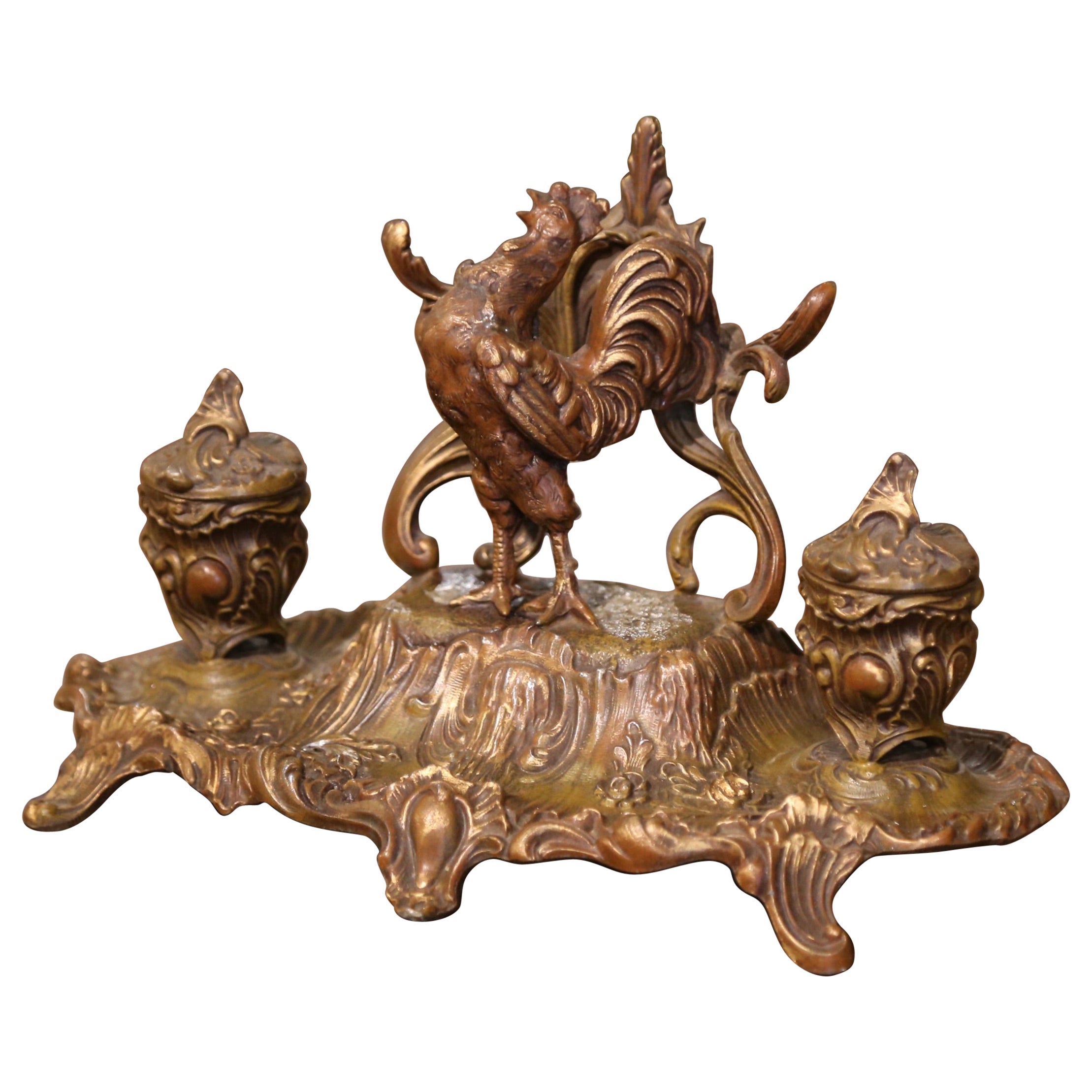 19th Century French Gilt Spelter Inkwell with Rooster Sculpture Signed A. Bossu For Sale