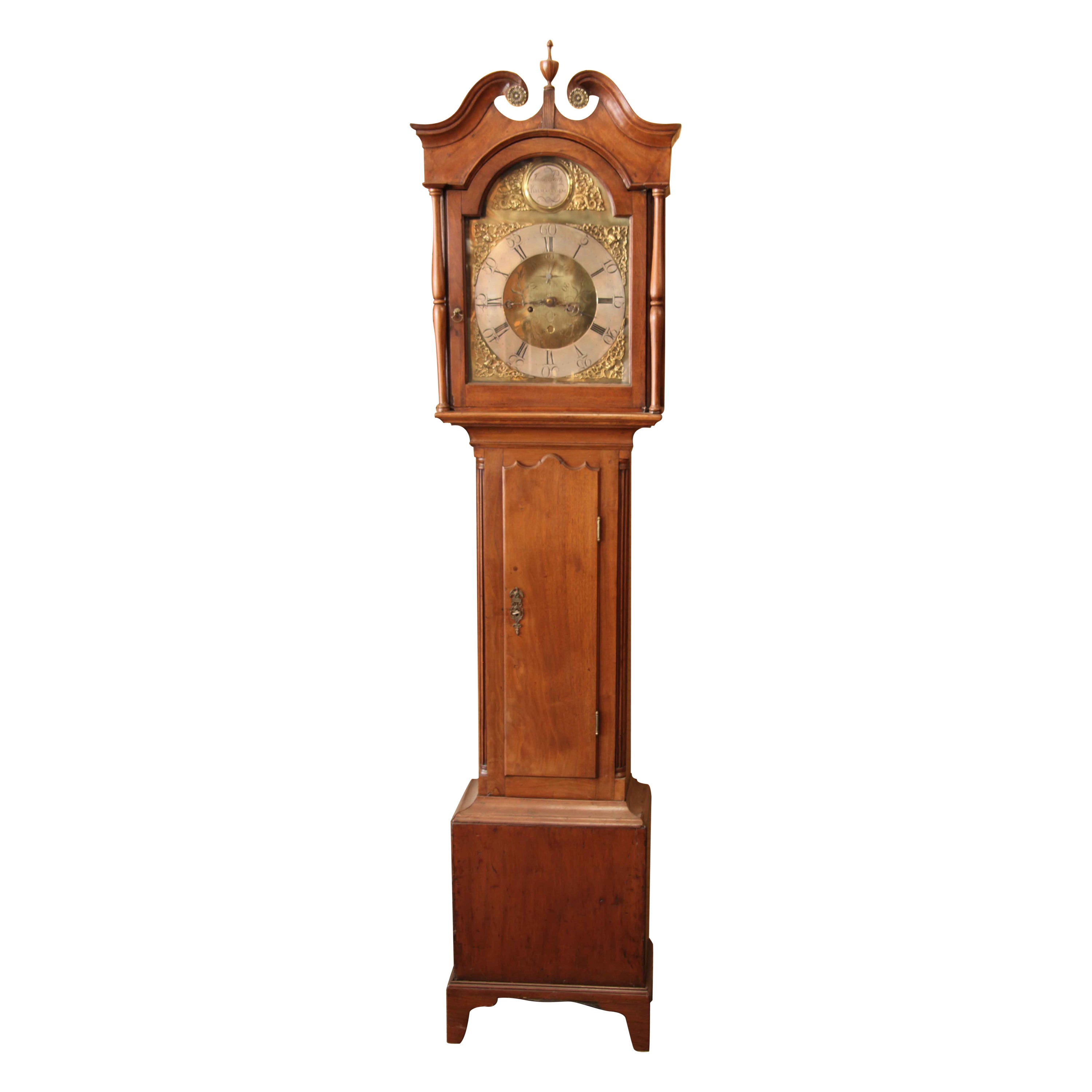 18th Century Walnut Brass Dial Grandfather Clock For Sale
