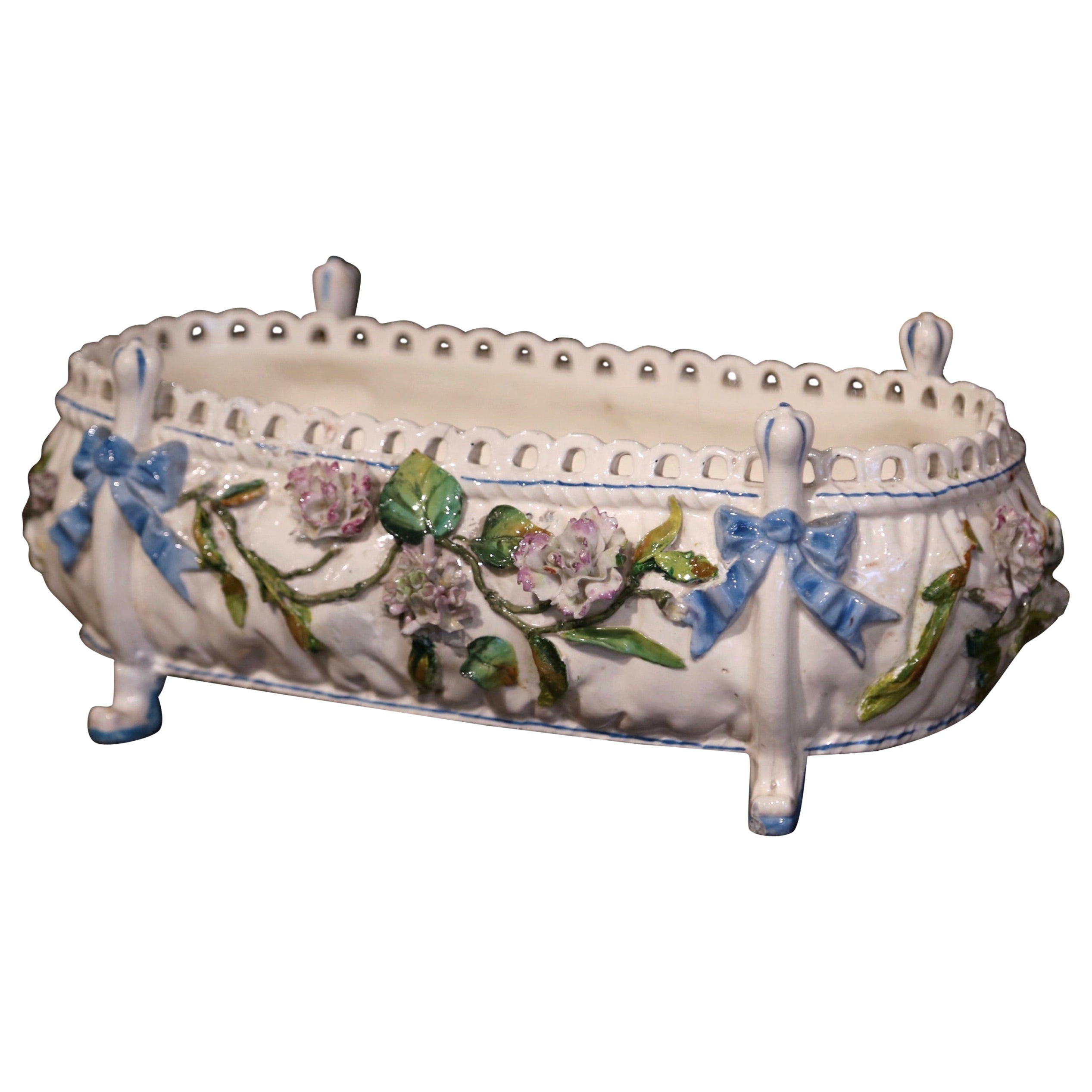 19th Century French Painted Porcelain Barbotine Jardiniere with Floral Motifs