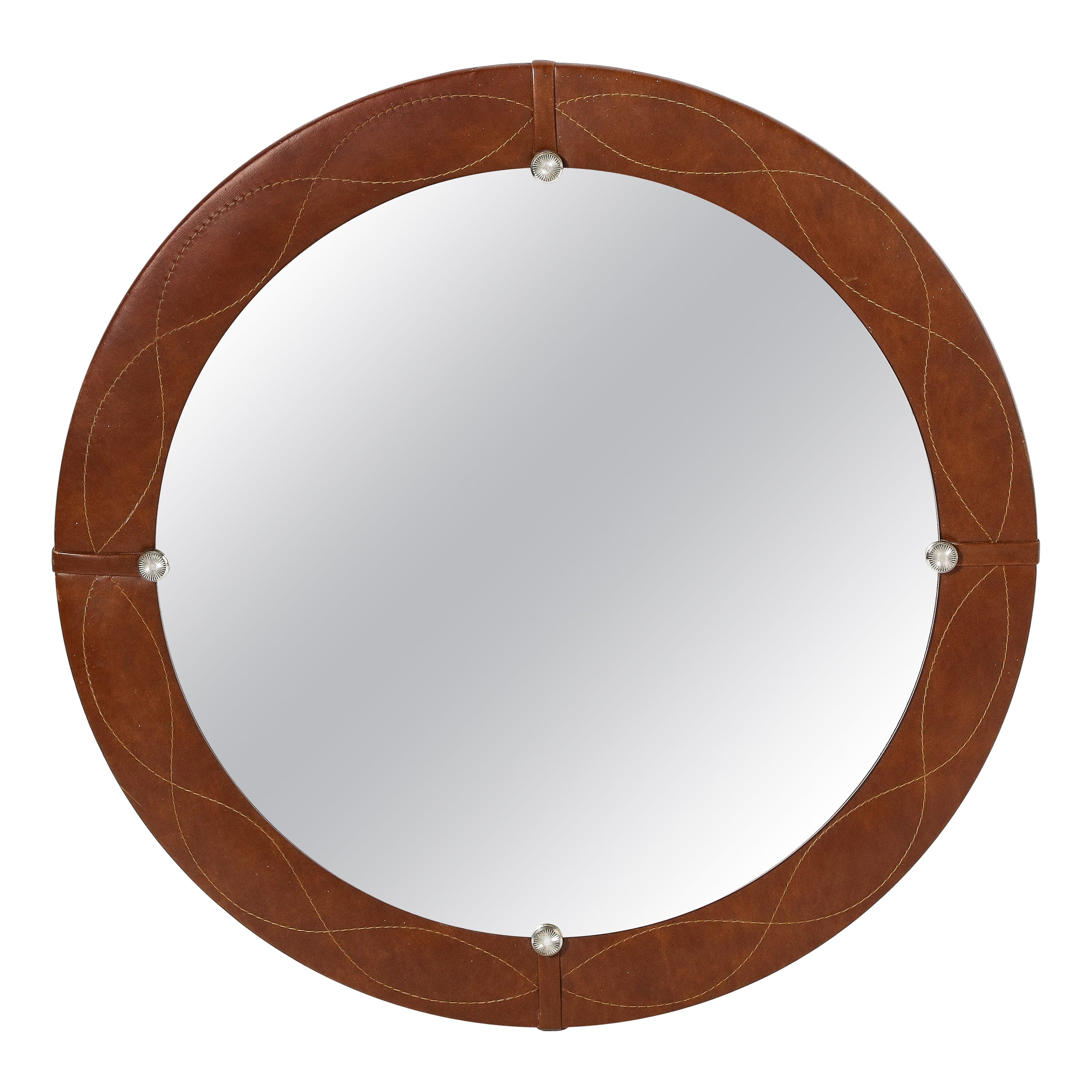 Spanish Modernist Circular Leather Mirror, Spain, circa 1960 