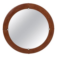 Spanish Modernist Circular Leather Mirror, Spain, circa 1960 