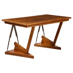 Vintage French Art Deco Oak and Steel Writing Table Desk, France, circa 1930 