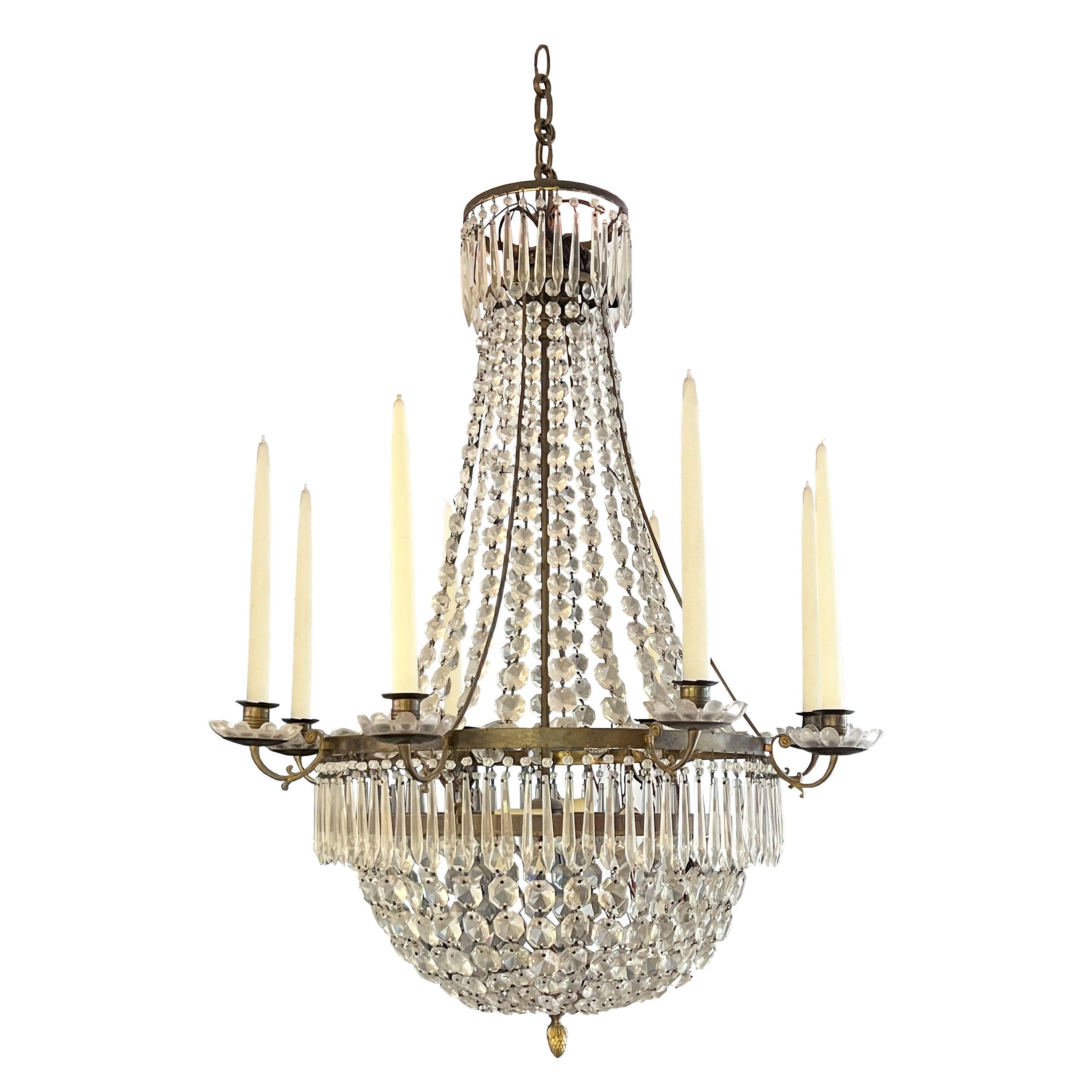 Swedish Empire Style Brass 8 Arm Brass and Crystal Chandelier  For Sale