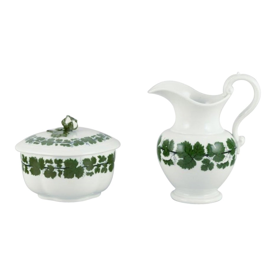 Meissen Green Ivy Vine. Large sugar bowl and large creamer in porcelain. For Sale